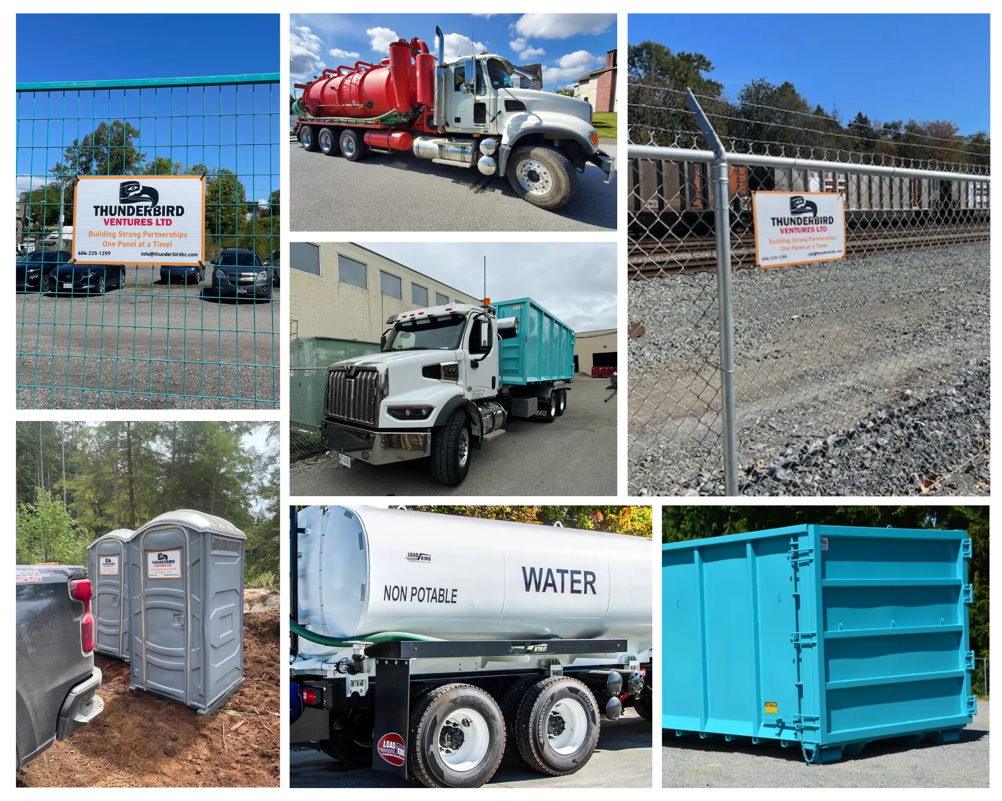 A collage of the various services Thunderbird Ventures provdes. From left top: a rental fence with a Thunderbird ventures sign hanging on the front, a pump truck, a chainlink fence with barbed wire on top and a Thunderbird ventures sign hanging on the front, a truck with a waste disposal bin on the back, portable toilets, a water truck, a waste disposal bin on the ground.